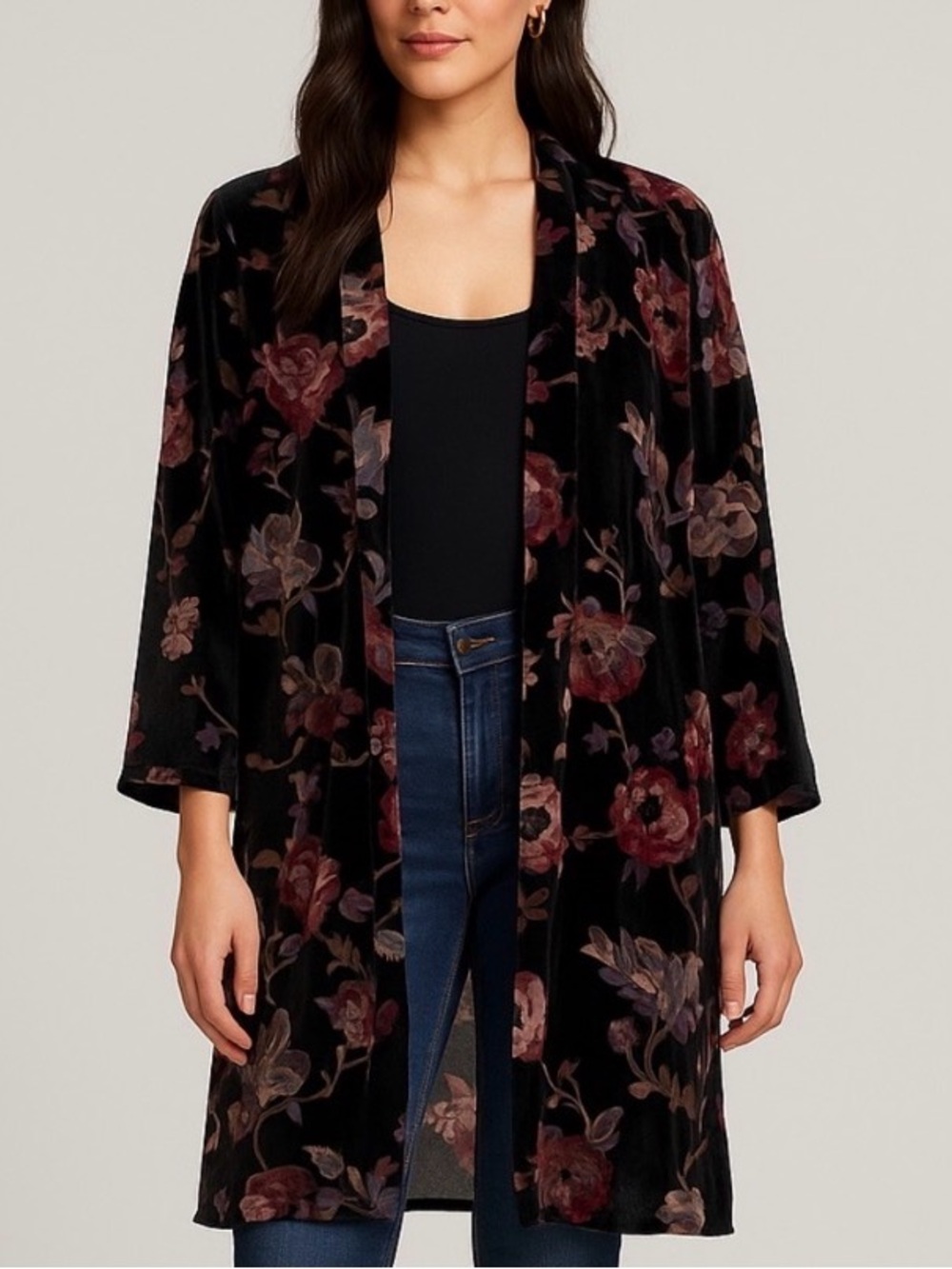 Vero Moda Black Velvet Floral Kimono Robe with Burgundy & Mauve Flowers